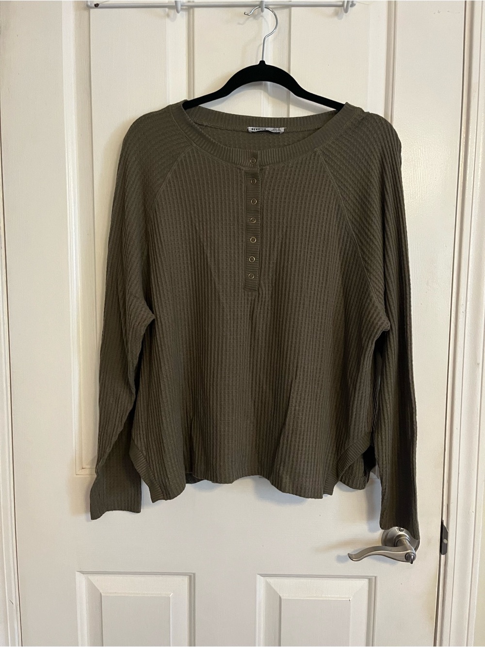 5 for $30 Olive Green Waffle Henley Long-Sleeve Top
